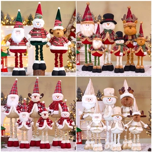Christmas Telescopic Doll Plush Fabric Adjustable Long Leg Santa Snowman Reindeer Standing Ornament Home Holiday Desktop Decor