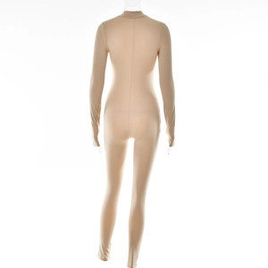 Vue arrière d'un body beige moulant avec des manches longues et un col montant