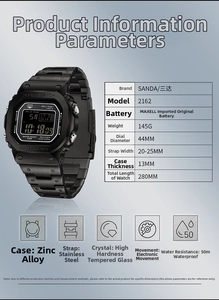Detailed specs of square sports watch with zinc alloy case and 50M water resistance