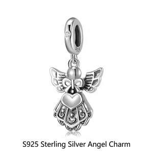 Angel Holding Heart Charm 925 Sterling Silver With Cubic Zirconia For DIY Bracelet Necklace Jewelry Accessories