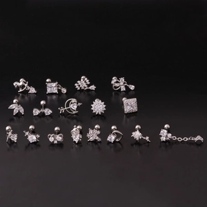 Variety of 20G stainless steel stud earrings with silver finish and zircon stones