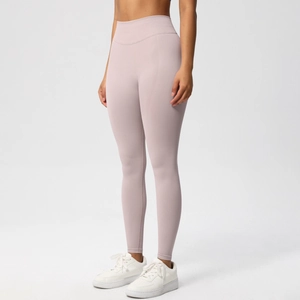 Detail of high waisted seamless yoga pants with a wide ribbed waistband for tummy control