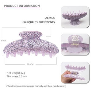 Lavender acrylic shark hair claw with rhinestones, 10.8cm size and dimension details