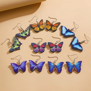 Set of 5 colorful acrylic butterfly earrings in various realistic patterns and shades