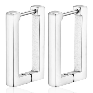 Modern polished silver geometric rectangular hinged hoop earrings in stainless steel