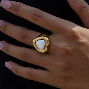 18K gold plated stainless steel heart ring with mother of pearl inlay worn on finger