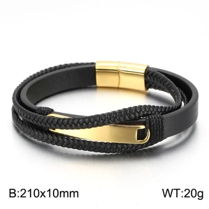 Detailed view of multilayer black leather bracelet with gold magnetic clasp and sizing