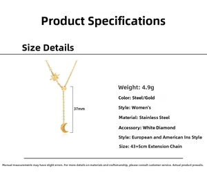 Detail showing 14K gold plated Y-necklace with star and crescent moon dimensions