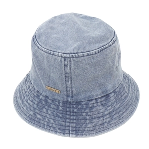Detailed view of light blue denim bucket hat with metallic logo and stitched brim