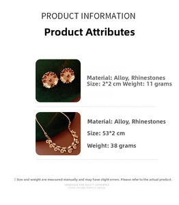 Detail view showing vintage zircon floral earrings and necklace with dimensions and materials