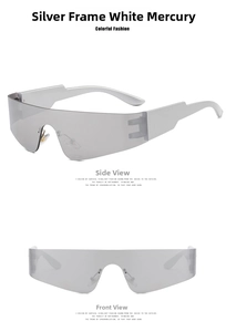 Front and side views of silver frameless punk oversized shield sunglasses with silver lenses