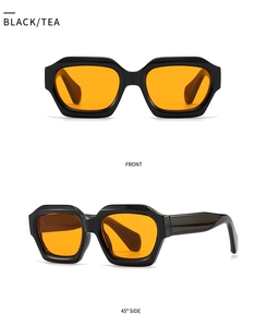 Front and 45-degree side views of polygon sunglasses with black frames and tea lenses