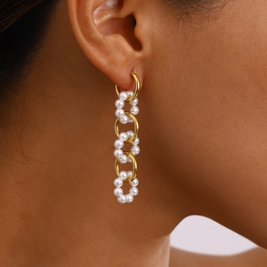 French style 18k gold plated stainless steel pearl link earrings worn by a model
