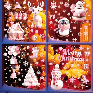 Stickers de Noël roses 3D avec Père Noël et maison en pain d'épices pour fenêtres