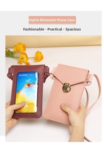 Detail of crossbody phone bag with touch screen window and gold metal buckle closure