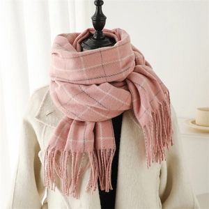 Pink plaid faux cashmere scarf with tassels, elegant winter shawl for women