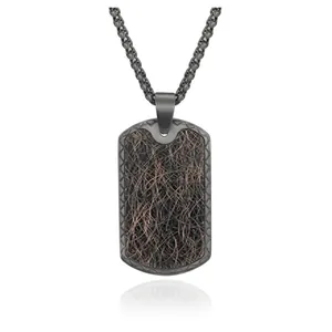 Detail of black rectangular pendant with brown woven inlay and robust twist chain