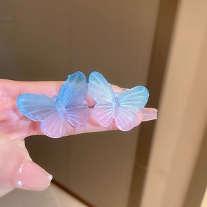 Blue and purple gradient butterfly tassel earrings with translucent resin material