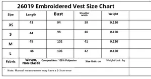 Guide des tailles pour gilet brodé femme avec mesures détaillées et infos sur le tissu
