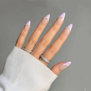 Faux Ongles Press On French Tip Violets Forme Amande Brillants Ongles Artificiels Élégants Manucure