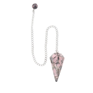 Pink rhodonite hexagonal cone stone pendulum necklace with silver metal chain