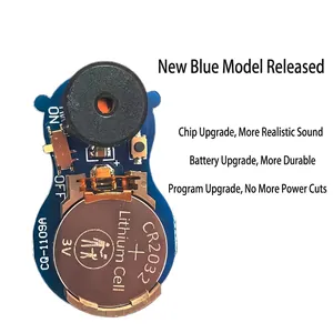 Macro view of blue PCB module with CR2032 battery and buzzer for cricket noise toy