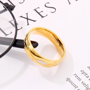 18k gold plated stainless steel ring with hollow patterns on a minimalist background