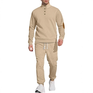Men's khaki knit tracksuit featuring half-button collar top and matching drawstring pants