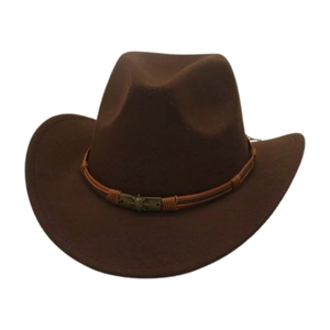 Dark brown wool felt western cowboy hat featuring a braided band and skull metal buckle
