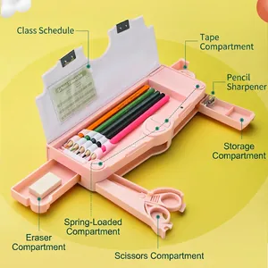 Pink multi-functional double-layer kids pencil case with automatic pop-up storage compartments