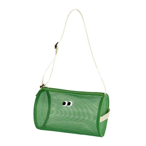 Groene mesh strand toilettas met ogen patch en verstelbare witte riem voor reizen
