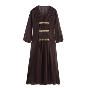 Women Elegant Chiffon Maxi Dress V Neck Lantern Sleeve Sequin Pleated Bohemian High Waist Retro Long Dress