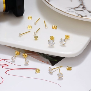 Classic S925 sterling silver gold plated stud earrings with sparkling round zircon