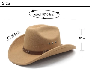 Detailed size chart of western cowboy hat with 58cm circumference and leather band decoration