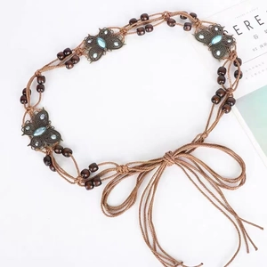 Bohemian brown braided belt with turquoise bronze butterflies and dark wooden beads