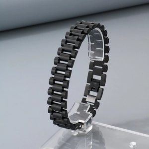 Detail view of the 15mm matte black stainless steel bracelet with classic link design