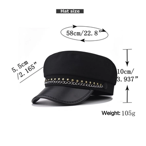 Detailed dimensions of black newsboy cap with gold star studs and silver chain