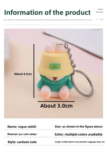 Close-up of cute PVC rabbit keychain wearing yellow bucket hat and green hoodie