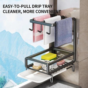 Wall-mounted black metal kitchen sink organizer with draining tray for sponges and cloths