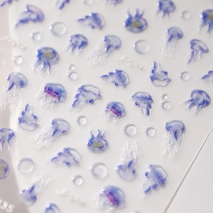 3D-Relief Quallen Nagelaufkleber Holographische Ozean-Thema Geprägte Nailart Abziehbilder Für Frauen DIY Dekoration