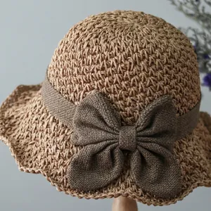 Women Sun Straw Hat Hand Woven Paper Foldable Adjustable Wide Brim Bow Summer Beach Vacation Retro Elegant