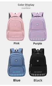 Color display of large capacity waterproof nylon backpacks in pink, blue, black, and purple