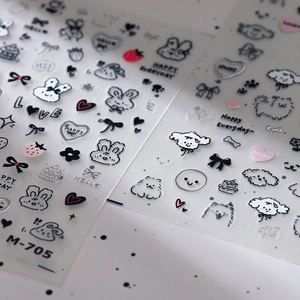 3D bronzing nail stickers with cute rabbit, strawberry, and bow designs, model M-705