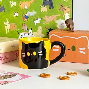 Cute yellow ceramic cat mug with black kitten design and lucky kitten gift box