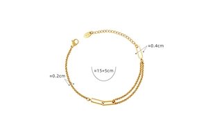 Detailed view of gold double chain bracelet with dimensions and rectangle charm detail