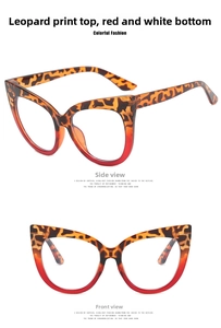 Detailed front and side views of leopard and red cat-eye glasses frames with blue light filter