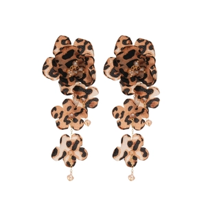 Vintage leopard print fabric flower drop earrings with golden chain and bead accents