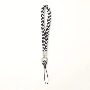 Handmade black and white herringbone braided phone wrist strap with metal ring buckle