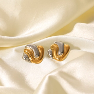 Stainless Steel Stud Earrings Two Tone Gold Silver Wave Geometric Minimalist Hypoallergenic Jewelry For Women
