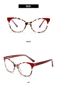 Detail of red and tortoiseshell cat-eye glasses frame shown from front and 45-degree angles